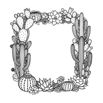 un monocromo línea Arte cuadrado marco frontera compuesto de varios Desierto cactus y suculentas creando un hermosa botánico vector