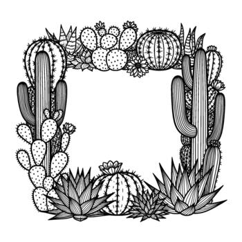 An artistic outline illustration forming a square frame composed of various desert plants including saguaro cacti prickly pear cacti and agave succulents adorned with small flowers vector
