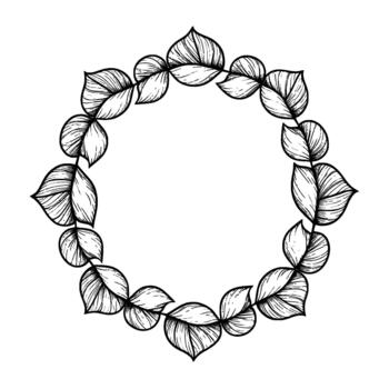 Hand drawn sketchy circular frame composed of delicate interconnected leaves with detailed line art shading isolated vector