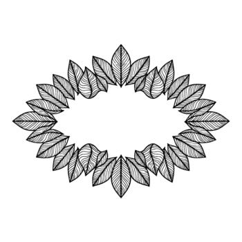 Intricate hand drawn oval frame composed of stylized overlapping leaves with fine linear detailing vector