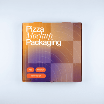 Top view of a blank pizza box mockup featuring a modern gradient design, perfect for brand presentation and packaging display psd
