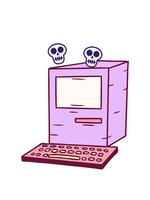 spinning skallar animering av hand dragen tecknad serie klotter av en dator och tangentbord i ljus glöd Färg video