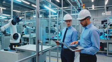 Factory Automation Engineers Monitoring Robotic Production Line in Modern Industrial Setting video
