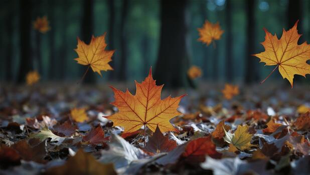 Autumnal Maple Leaves Falling Gently In A Dark Forest During Golden Hour photo