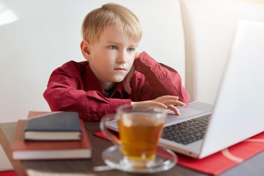 grave rubio pequeño chico en rojo camisa sentado en frente de abierto computadora portátil, curioso a pantalla con concentrado Mira Bebiendo té y buscando para necesario información utilizando inalámbrico Internet conexión foto