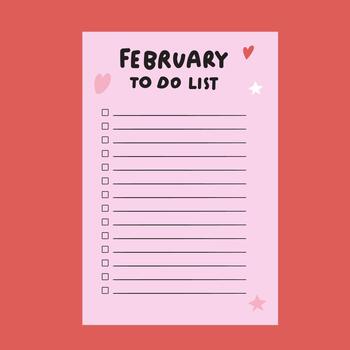February To-Do List Illustration. Pink Note with Checkboxes on Red Background for Bloggers, Students, and Planners vector