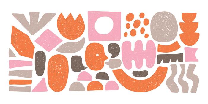 Soft abstract crayon shapes different form collection set for scrapbooking, design, poster. Simple freeform, asymmetric sketch. Hand drawn trendy basic figures. Liquid organic curve shape figure. vector