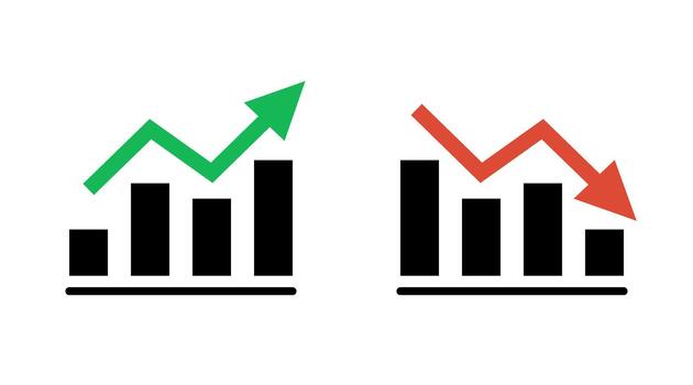 Graph growth with arrow up and reduction with arrow down, line chart icon. Financial invest, fall, increase and decrease. Statistics and analytics, flat illustration. vector