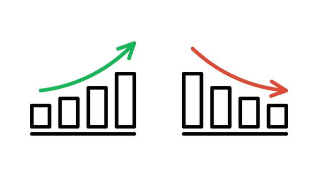 Graph growth with arrow up and reduction with arrow down, line chart icon. Financial invest, fall, increase and decrease. Statistics and analytics, flat illustration vector