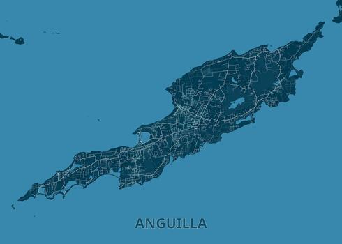 Map of Anguilla Island is displayed against a teal background. The island's shape is clearly defined, with intricate details showing roads and geographical features. vector