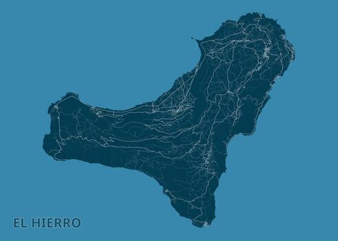 Map of El Hierro island, rendered in shades of blue. The island's shape is clearly defined, with intricate details of roads and geographical features visible. The background is a solid blue color. vector