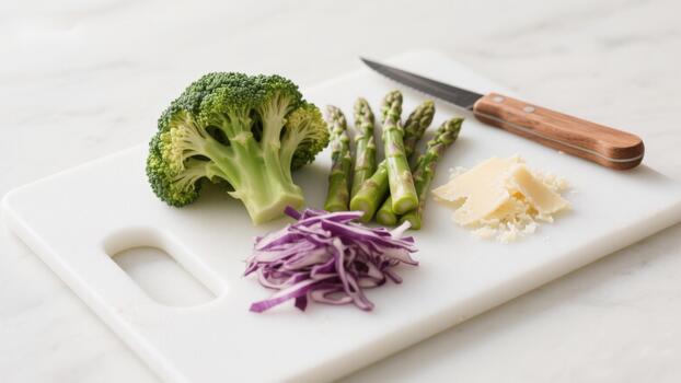 A cutting board with broccoli, red onions, and cheese photo