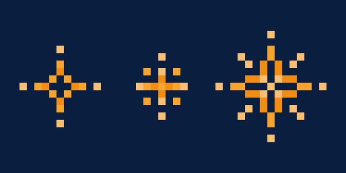 Pixel style sparkle and flash icons set featuring glowing starburst and twinkle effects. Retro 8-bit holiday symbol for mobile and web apps, games, notifications. vector