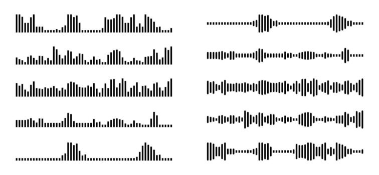 Sound Waveforms Set. Audio Equalizer and Voice Wave Icons Isolated on White Background vector