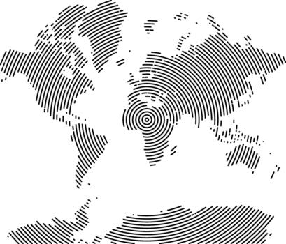 World map in geometric round line info graphic shape pattern focusing country and continent of the universal geography. Abstract global data and inter connected circle line grid pattern in world atlas vector