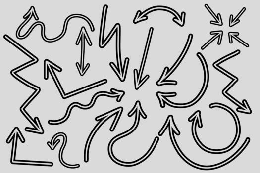 Hand drawn comic style arrows set with sketchy lines, curved directions, zigzags, and dynamic pointers. Expressive doodle arrows. vector