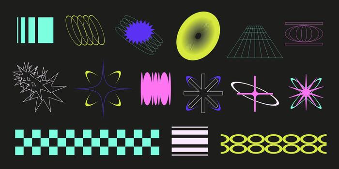 Modern neon shapes set with geometric elements, lines, stars, spirals, grids, and dynamic symbols on a dark background. vector