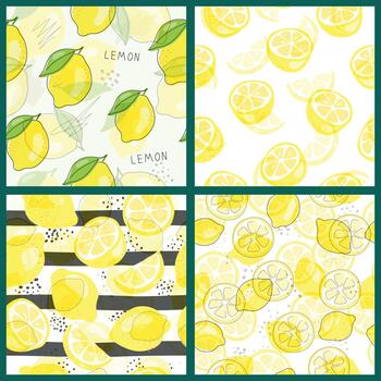 un colección de sin costura patrones con limones un conjunto de brillante agrios frutas en un minimalista estilo en un blanco antecedentes. vector