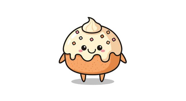 un encantador dibujos animados magdalena, adornado con vistoso asperja y un remolino de Crema, soportes dulcemente con un feliz, sonriente rostro. vector