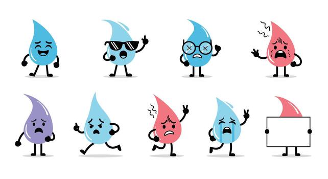 Diverse set of water drop cartoon characters displaying a range of emotions and actions, from happy to angry and crying. vector