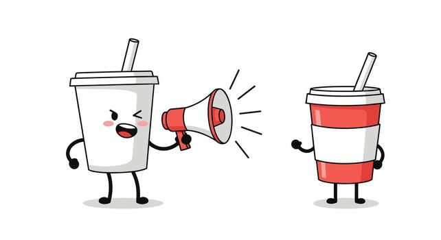 An animated paper cup character with a straw yells assertively into a megaphone, addressing another paper cup character. vector