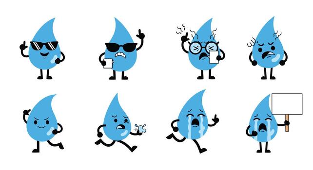 A comprehensive set of animated water drop characters depicting various emotions, including coolness with sunglasses, anger, worry, running, and crying expressions. vector