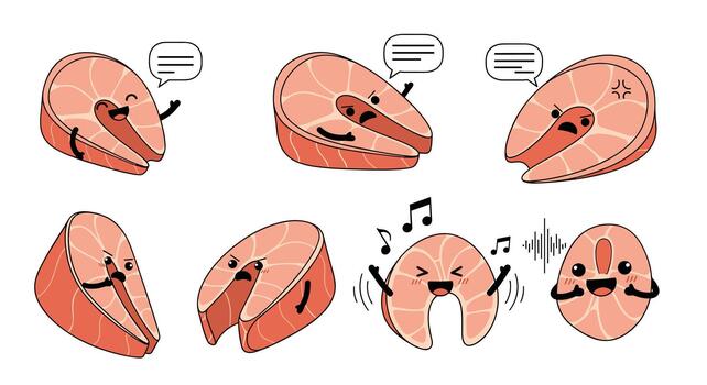 Collection of salmon steak cartoon characters showing various expressions and actions, from happy and talking to angry and singing. vector