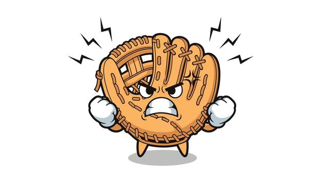 Aggressive baseball glove cartoon character with an angry expression and clenched fists, showing frustration and readiness for action. vector