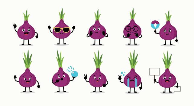 Diverse set of ten red onion cartoon characters displaying a range of emotions and actions, from happy to crying and cool. vector