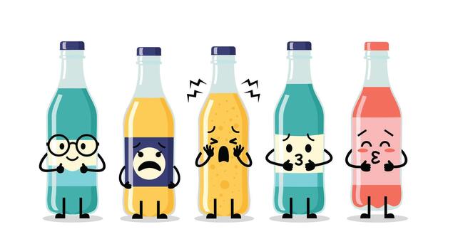 un juguetón conjunto de animado bebida botellas, cada representando un distinto emoción desde inteligente y triste a preocupado, pensativo, y soplo un beso. vector