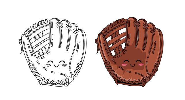Set of two baseball glove cartoon characters, one colored and one outline, both happily smiling, ready for a game. vector