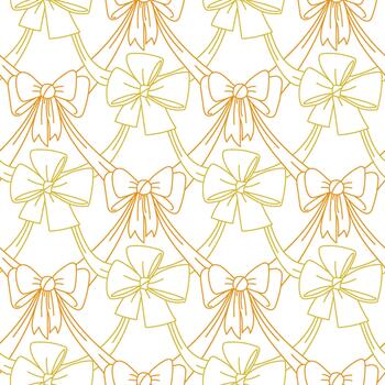 Seamless two-tone outline pattern with elegant fluffy bows tied with ribbons. Yellow, orange graphic texture in form of lines, suitable for decorating gift paper, festive fabric, invitations vector