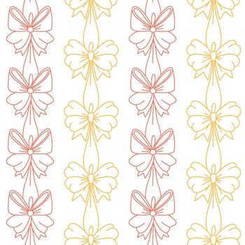 sin costura Dos tonos contorno modelo con elegante mullido arcos atado verticalmente con cintas amarillo, rojo gráfico textura en formar de líneas, adecuado para decorando regalo papel, festivo tela, invitaciones vector