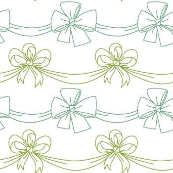 Seamless two-tone outline pattern with elegant fluffy bows tied with ribbons horizontally. Blue, green Graphic texture in form of lines, suitable for decorating gift paper, festive fabric, invitations vector