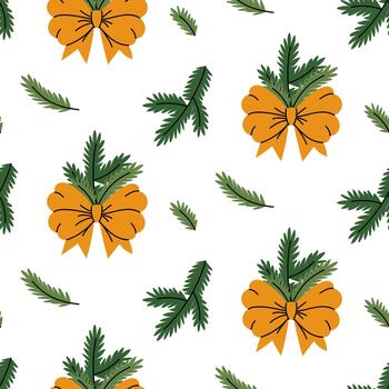 sin costura modelo con naranja arcos y dispersado pino árbol sucursales. plano estilo imprimir, ideal para fiesta envase papel, festivo tela, o digital antecedentes diseño vector