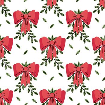 sin costura modelo con rojo arcos y dispersado verde ramas con hojas simétricamente organizado. estilo plano impresión es Perfecto para decorando festivo envase papel, festivo tela, digital antecedentes vector