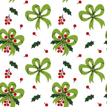 sin costura modelo con verde arcos en Tres bucles con acebo hojas y rojo serbal bayas. un caótico textura en un plano estilo, Perfecto para fiesta envase papel, tela, o digital tecnología. vector