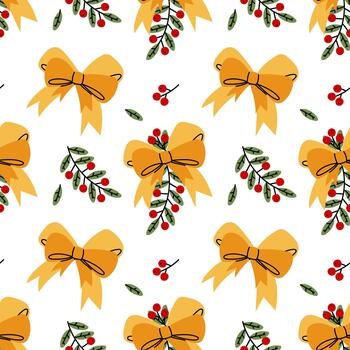 Seamless pattern with double orange and yellow bows decorated with branches and red berries. Randomly scattered. Flat-style print perfect for holiday wrapping paper, fabric, or digital backgrounds. vector