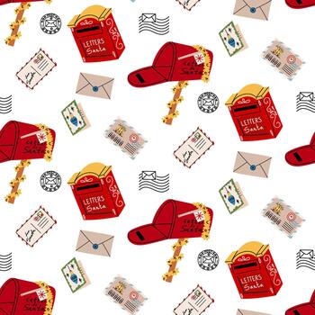 sin costura modelo con varios Navidad buzones de correo, letras, sellos, y focas. departamento, vistoso, textura para escritura a Papa Noel. adecuado para festivo telas, envase papel, antecedentes. vector