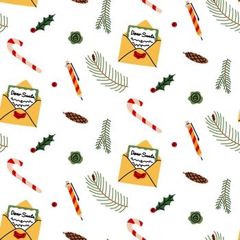 Seamless pattern with a Christmas letter in an envelope addressed to Santa Claus and a spruce tree decoration. Doodle-style scribble print for festive wrapping paper or a digital background. vector