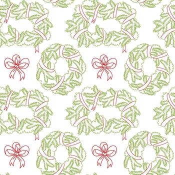 Seamless outline pattern with Christmas tree wreaths tied with colored ribbon and red bows. wreaths in the shape of circle or a rectangle. Doodle texture for decorating festive wrapping paper, fabric vector
