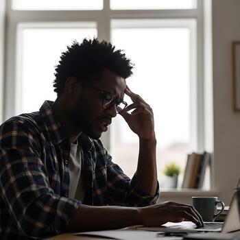 hombre con lentes mirando estresado mientras trabajando en un ordenador portátil en frente de un brillante ventana a un escritorio foto