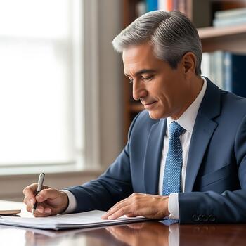 hombre en traje escritura en papel a escritorio con bolígrafo en mano en frente de ventana y estante para libros antecedentes foto