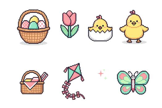 A delightful collection of Easter and spring pixel art icons, featuring a cute chick, colorful eggs, a picnic basket, and a butterfly in a retro 8-bit style vector