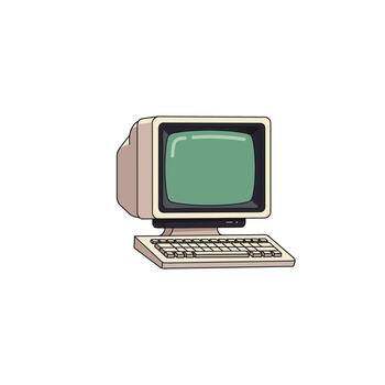 clásico retro personal computadora con teclado y monocromo monitor. un antiguo escritorio icono representando Clásico tecnología y nostálgico Años 80 píxel juego de azar cultura vector