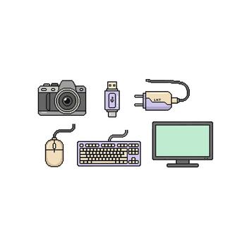 Pixel art collection of essential digital devices camera, monitor, keyboard, mouse. Capturing retro aesthetics for modern communication, gaming, and creative digital content vector