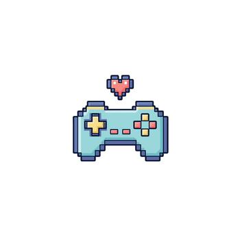 Pixelated retro game controller with a small heart icon above it, symbolizing love for gaming in a classic digital art style vector