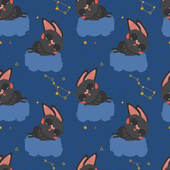 A blue background with a pattern of black bats sleeping on clouds. Good for for textiles, packaging, backgrounds. vector