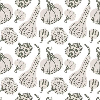 Seamless pattern of squash and pumpkins with a light green background. The vegetables are drawn in a stylized way. vector