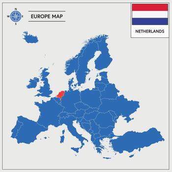 Europe Map with Netherlands Map Highlighted vector